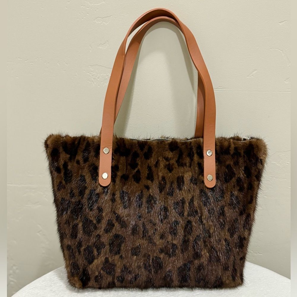 Leopard Print Handmade Genuine Mink Fur Large Tote/Shoulder Bag/Crossbody